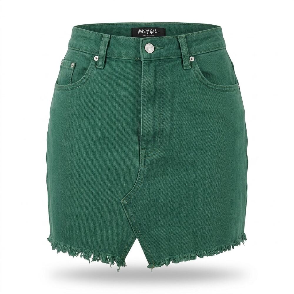 Nasty Gal Green Denim Raw Hem Mini Skirt Solid Pockets Women Size S